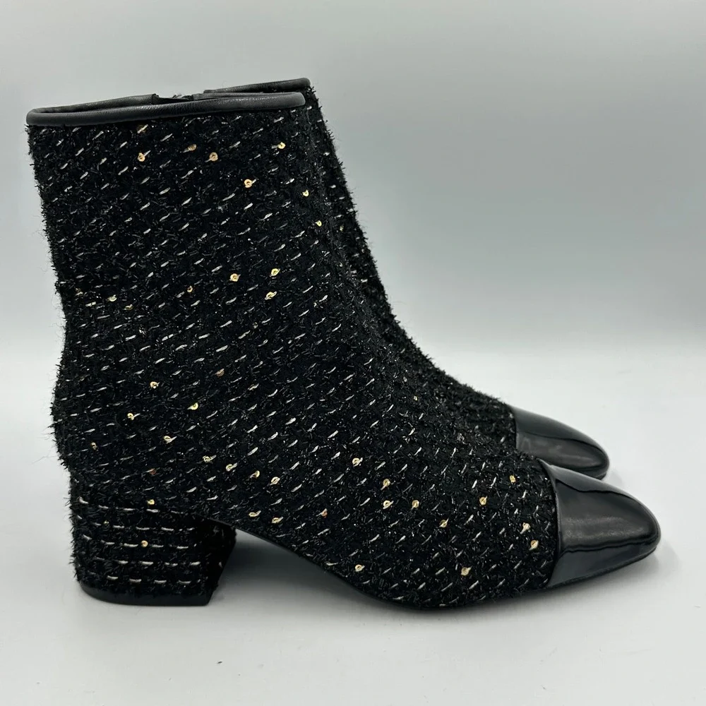 Steve Madden Eiffel Tweed Ankle Boots 7.5 Black Gold Sequin Cap Toe Block Heel